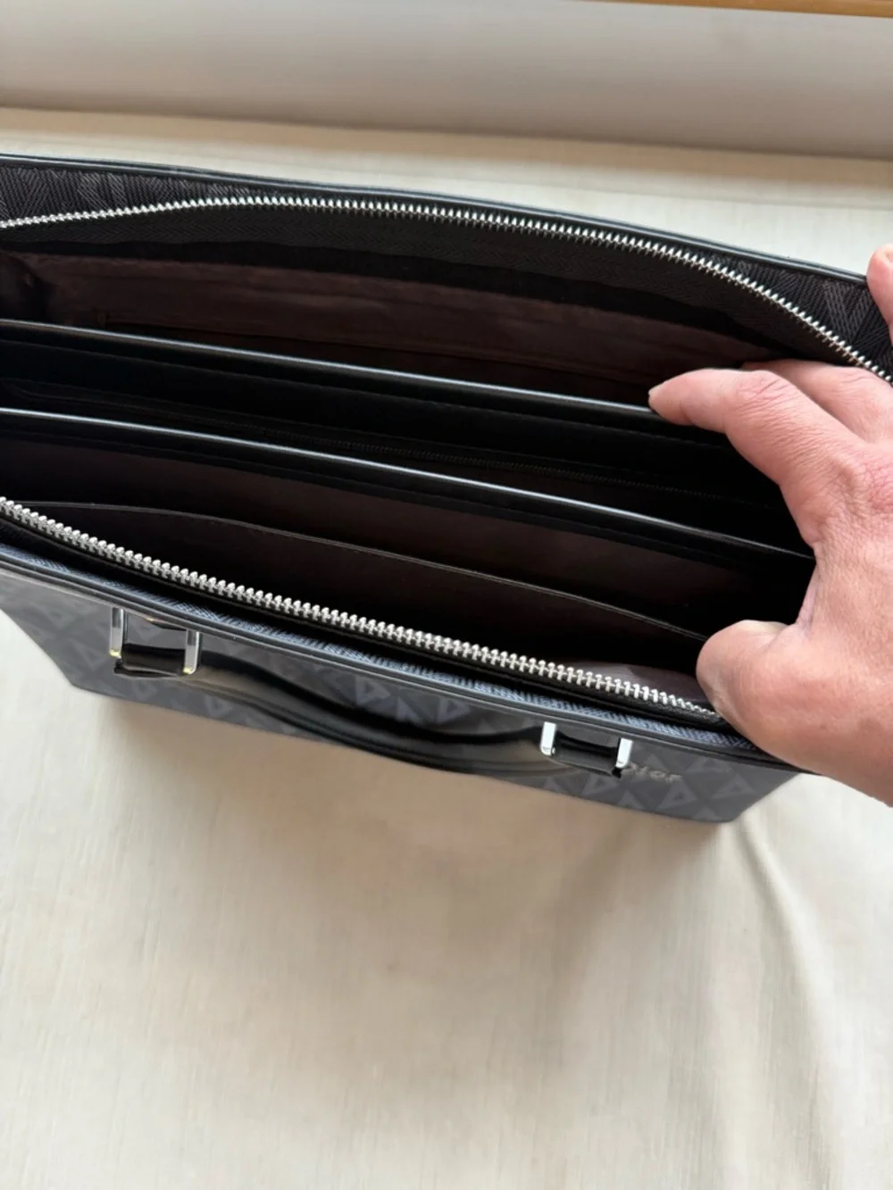 Dior Gray Patterned Men's Briefcase with Black Handles